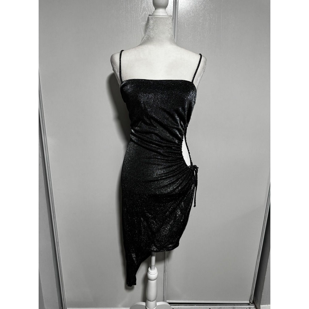 Madrag Black Metallic Glitter Side Cutout Asymmetrical Ruched Bodycon Dress L